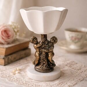 VTG Italian Marble Cherub Pedestal Bowl Bronze Tone Brass Putti Angel Romantic